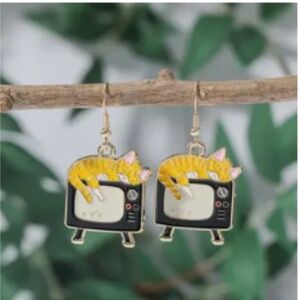 Enamel Cat on a TV Earrings